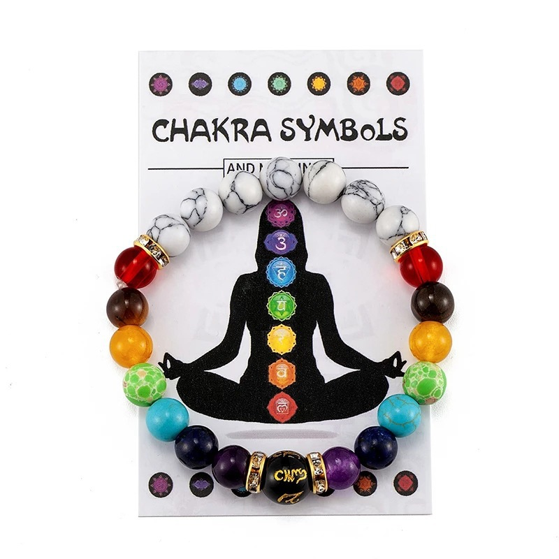 Double Rainbow Bracelet With 14 Chakra Beads and White Turquoise Beads