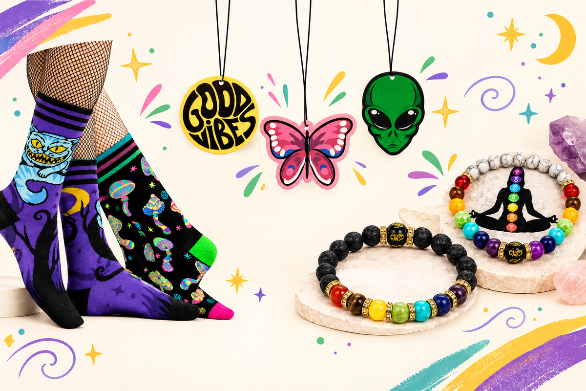 Socks, air fresheners, and bracelets banner